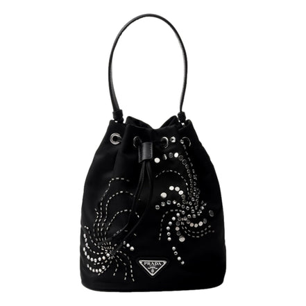 Prada Re-Nylon Mini Drawstring Bucket Bag Black Beaded Embroidered available at Queen Bee of Beverly Hills