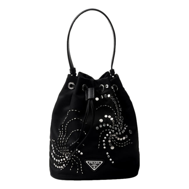 Prada Re-Nylon Mini Drawstring Bucket Bag Black Beaded Embroidered available at Queen Bee of Beverly Hills