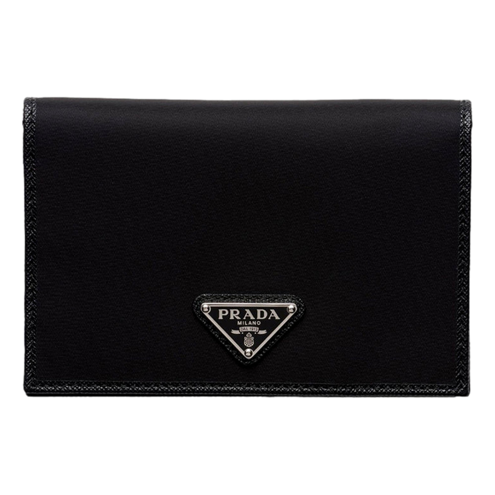 Prada Re-Nylon Tessuto Black Saffiano Passport Holder Triangle Logo sold at Queen Bee of Beverly Hills