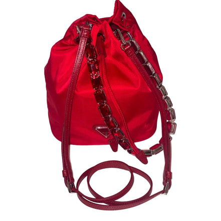 Prada Re-Nylon Rosso Red Drawstring Bucket Bag Embellished Crystal Handle available at Queen Bee of Beverly Hills