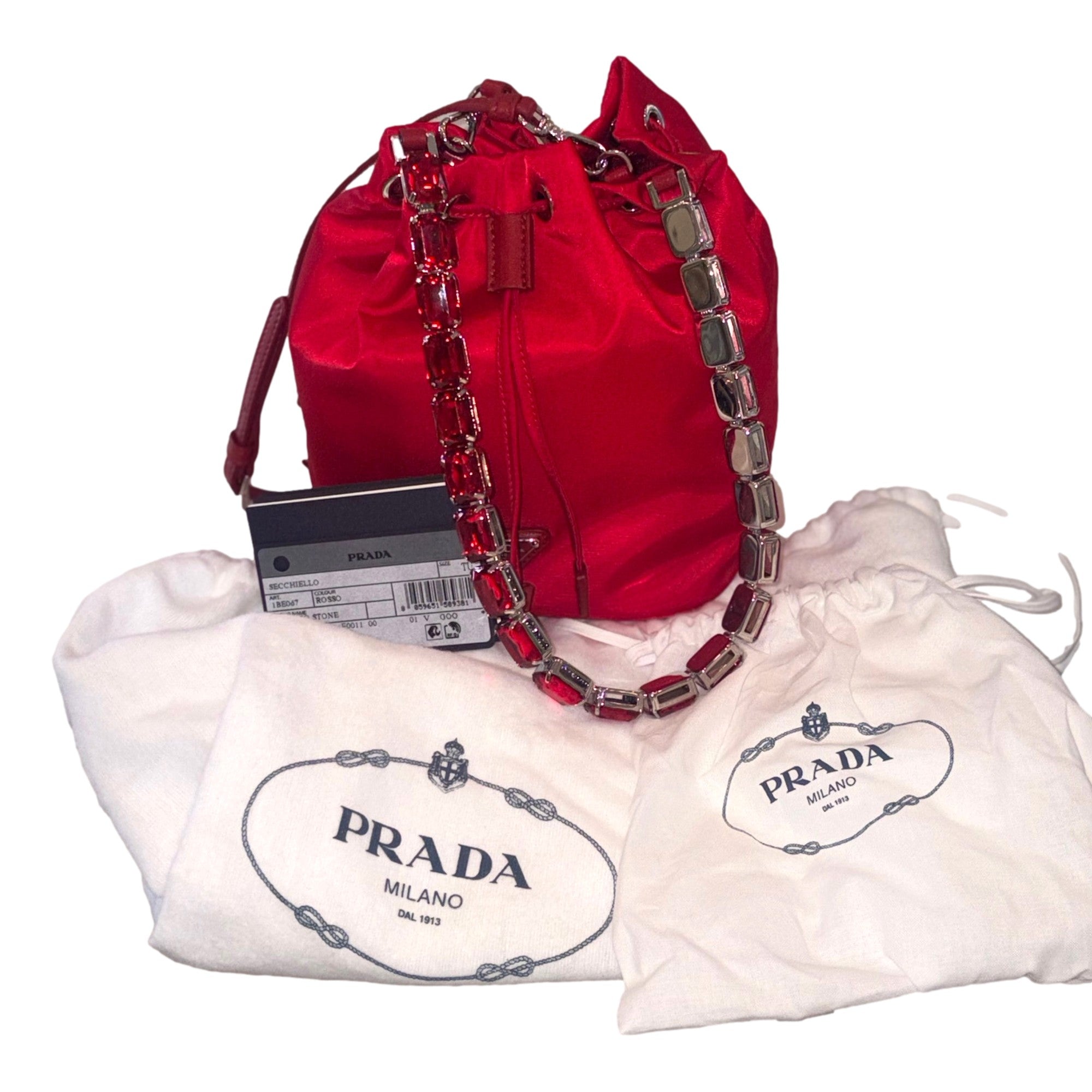 Prada Re-Nylon Rosso Red Drawstring Bucket Bag Embellished Crystal Handle available at Queen Bee of Beverly Hills