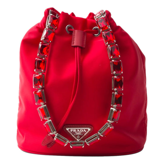 Prada Re-Nylon Rosso Red Drawstring Bucket Bag Embellished Crystal Handle available at Queen Bee of Beverly Hills