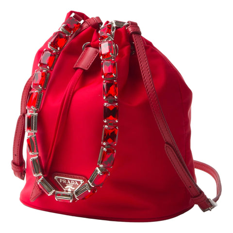 Prada Re-Nylon Rosso Red Drawstring Bucket Bag Embellished Crystal Handle available at Queen Bee of Beverly Hills