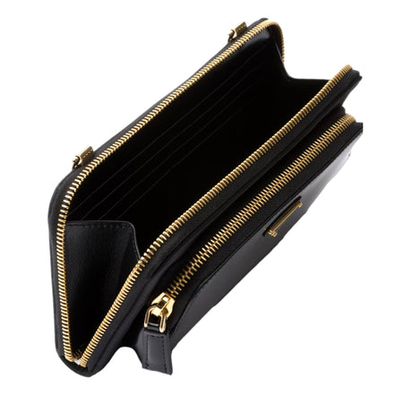 Prada Re-Nylon Triangle Brushed Leather Black Wallet Mini Crossbody Bag available at Queen Bee of Beverly Hills