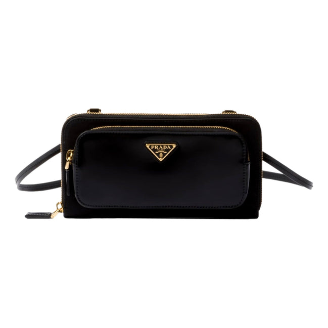 Prada Re-Nylon Triangle Brushed Leather Black Wallet Mini Crossbody Bag available at Queen Bee of Beverly Hills