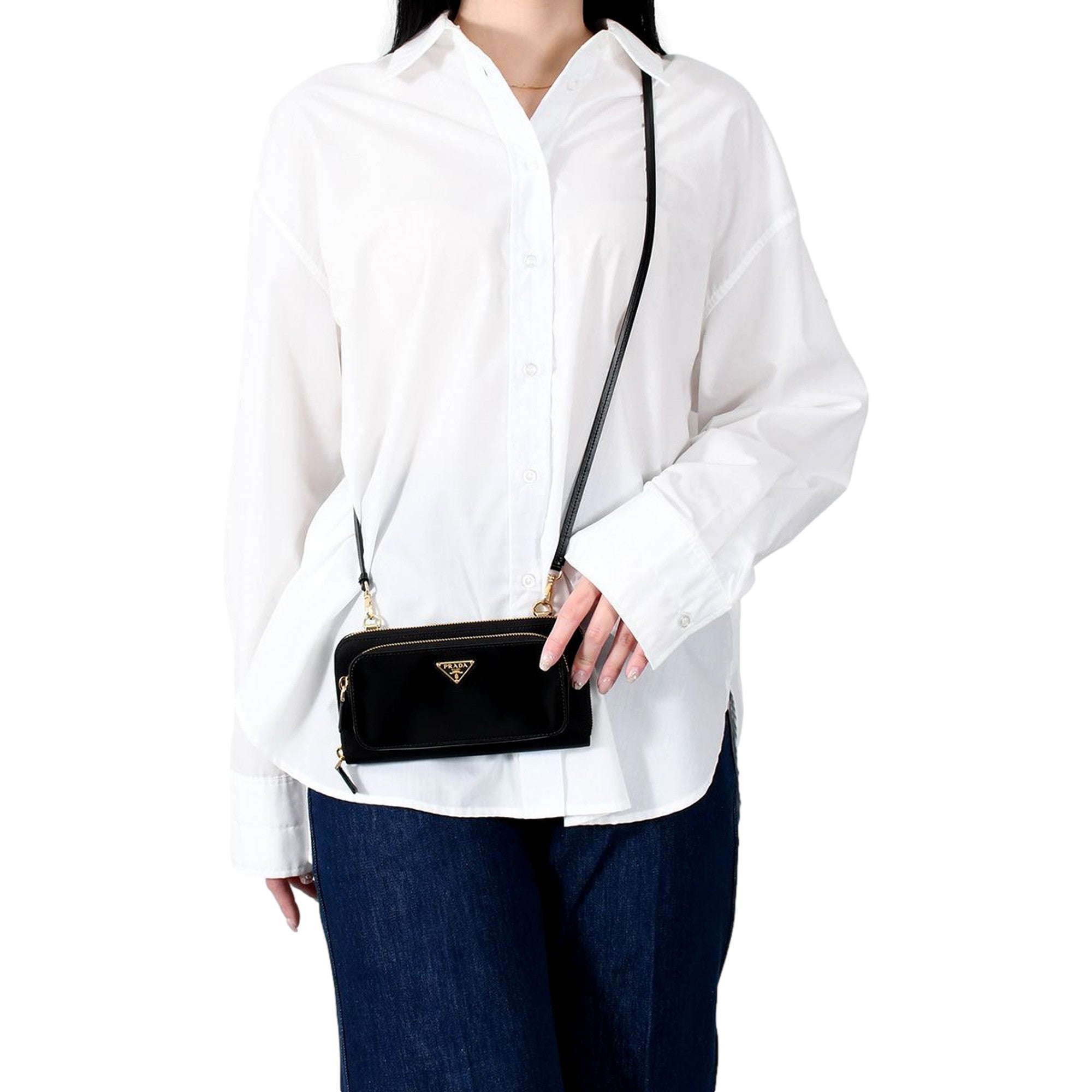 Prada Re-Nylon Triangle Brushed Leather Black Wallet Mini Crossbody Bag available at Queen Bee of Beverly Hills