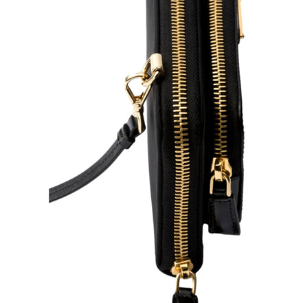 Prada Re-Nylon Triangle Brushed Leather Black Wallet Mini Crossbody Bag available at Queen Bee of Beverly Hills