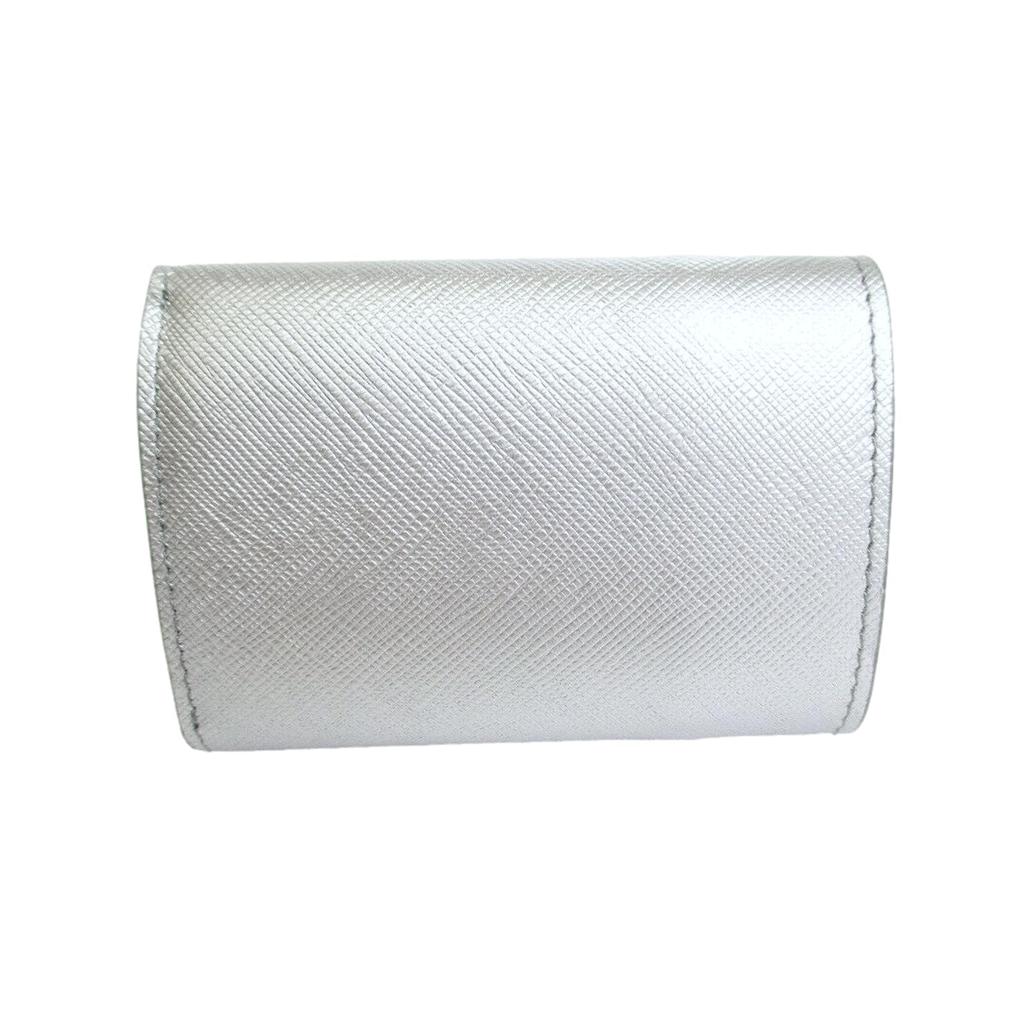 Prada Ribbon Saffiano Metallic Silver and Beige Leather Trifold Wallet available at Queen Bee of Beverly Hills