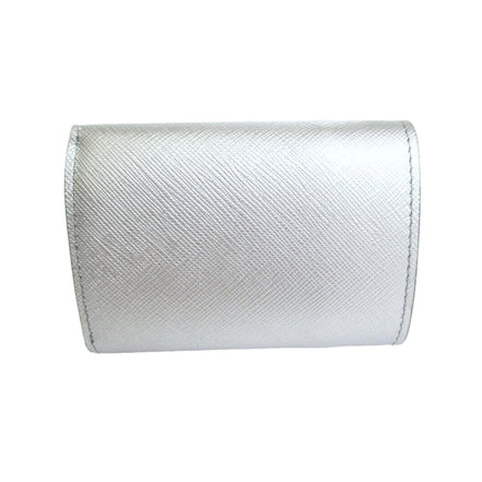 Prada Ribbon Saffiano Metallic Silver and Beige Leather Trifold Wallet available at Queen Bee of Beverly Hills