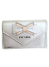 Prada Ribbon Saffiano Metallic Silver and Beige Leather Trifold Wallet available at Queen Bee of Beverly Hills