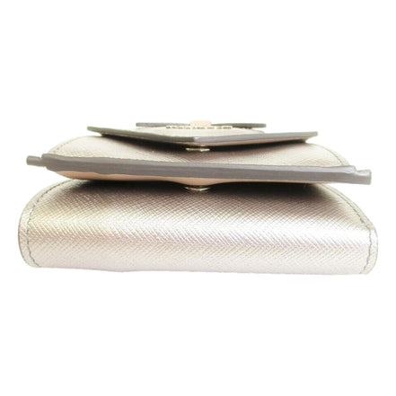 Prada Ribbon Saffiano Metallic Silver and Beige Leather Trifold Wallet available at Queen Bee of Beverly Hills