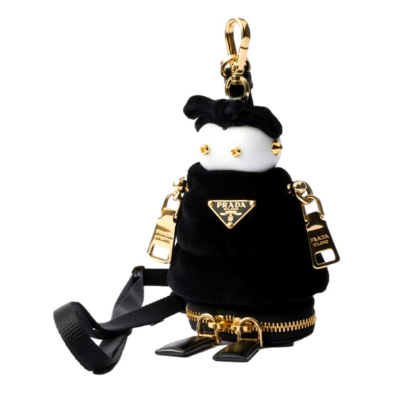 Prada Black Nylon Robot Keychain Bag Charm with Gold Tone Hardware and Strap - available at Queen Bee of Beverly Hills. 