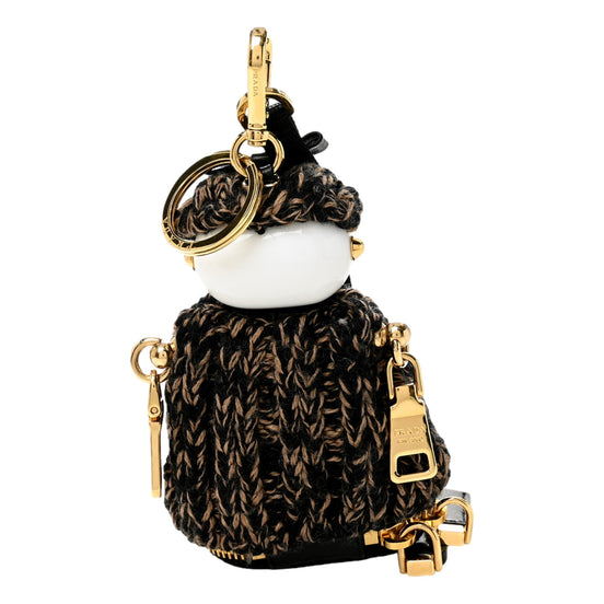 Prada Knitted Robot Keychain Bag Charm in Black and Camel with Lambskin Bow - available at Queen Bee of Beverly Hills. 