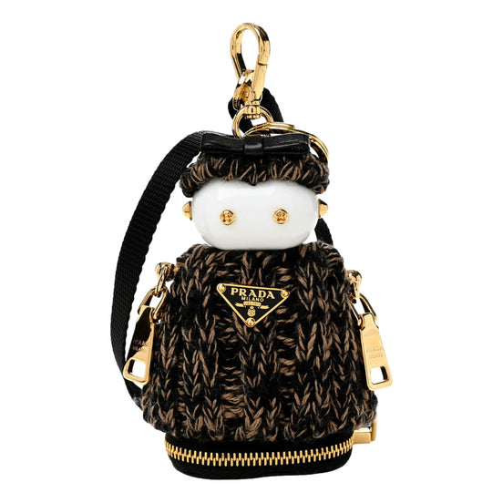 Prada Knitted Robot Keychain Bag Charm in Black and Camel with Lambskin Bow - available at Queen Bee of Beverly Hills. 
