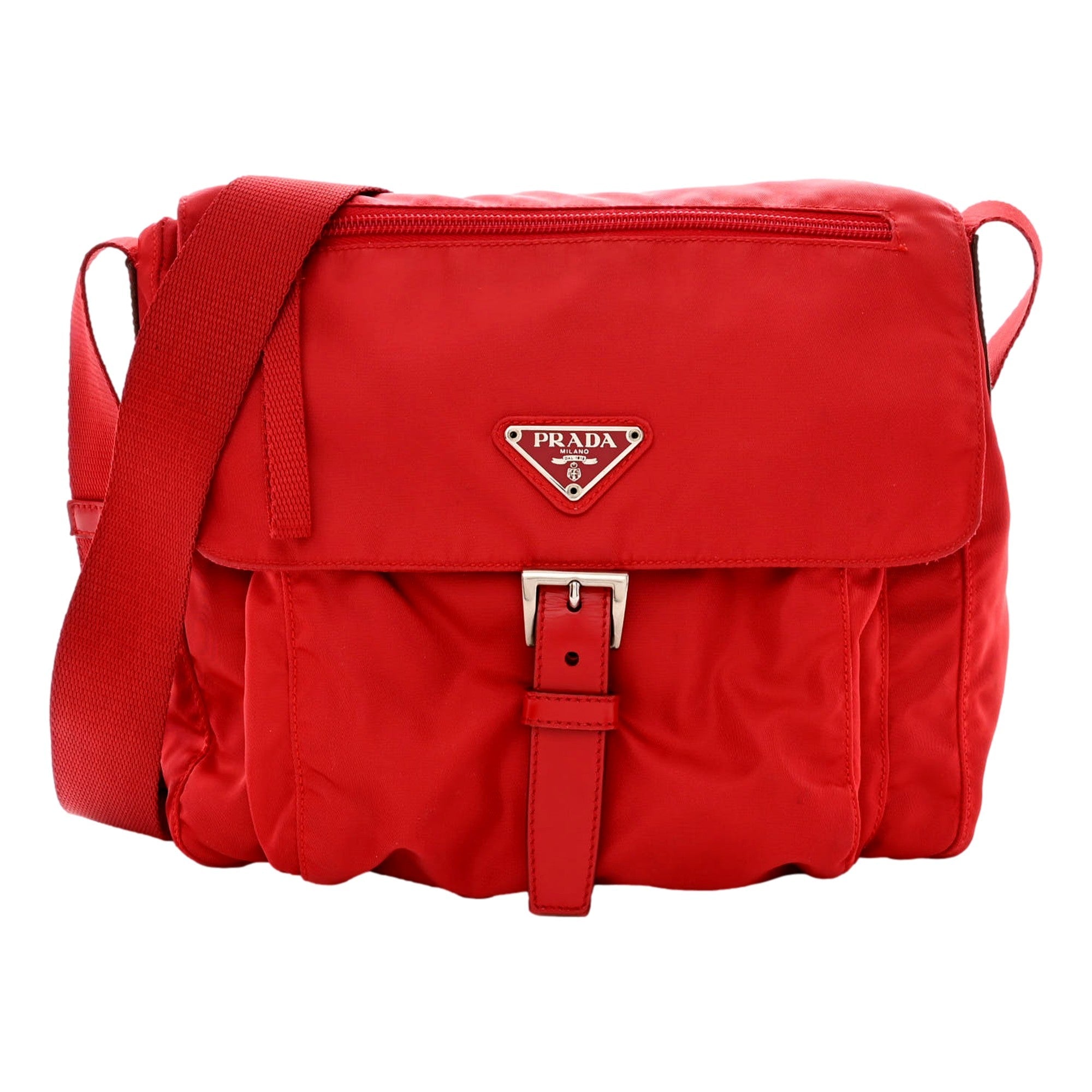 Prada Rosso Pattina Nylon Red Medium Messenger Bag available at Queen Bee of Beverly Hills