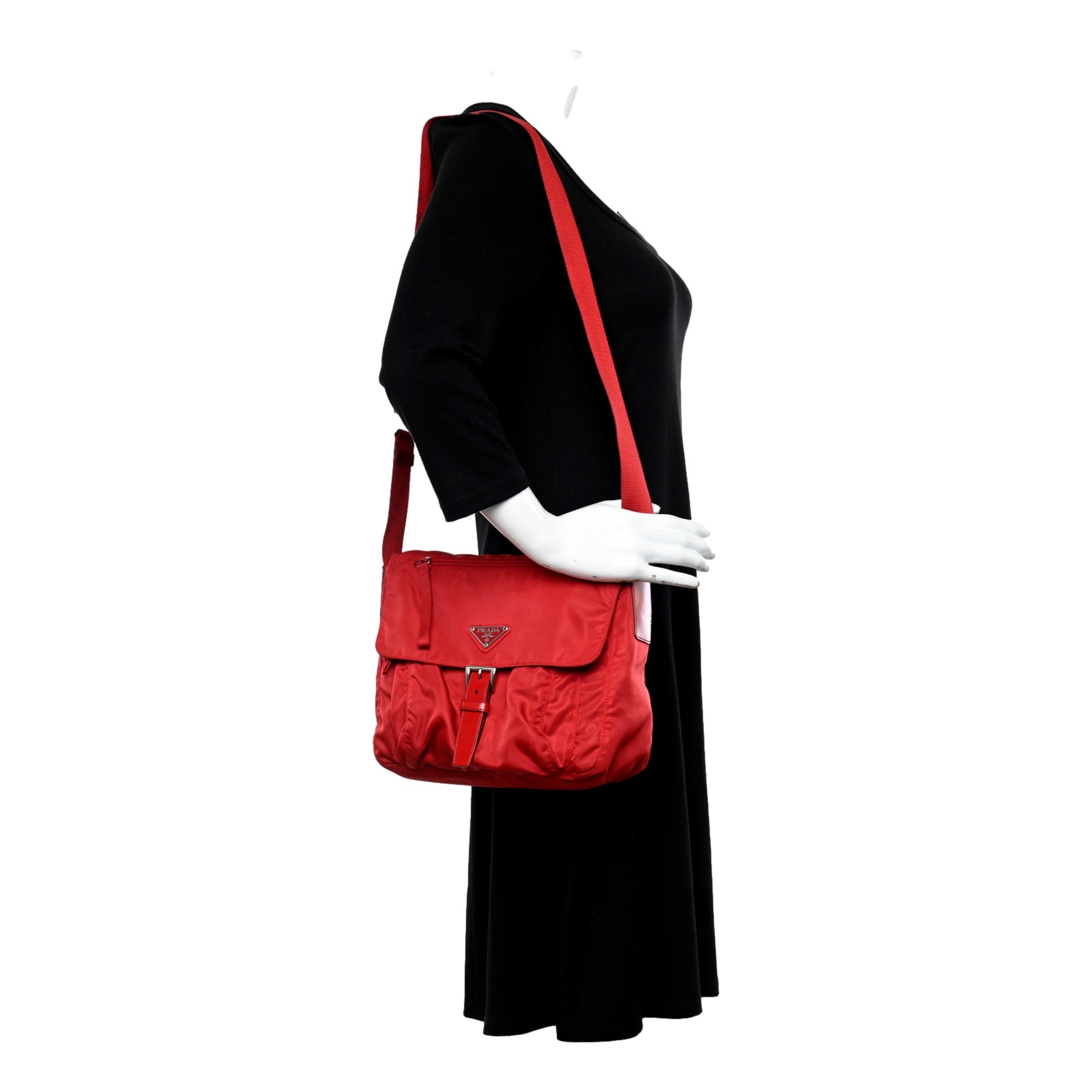 Prada Rosso Pattina Nylon Red Medium Messenger Bag available at Queen Bee of Beverly Hills