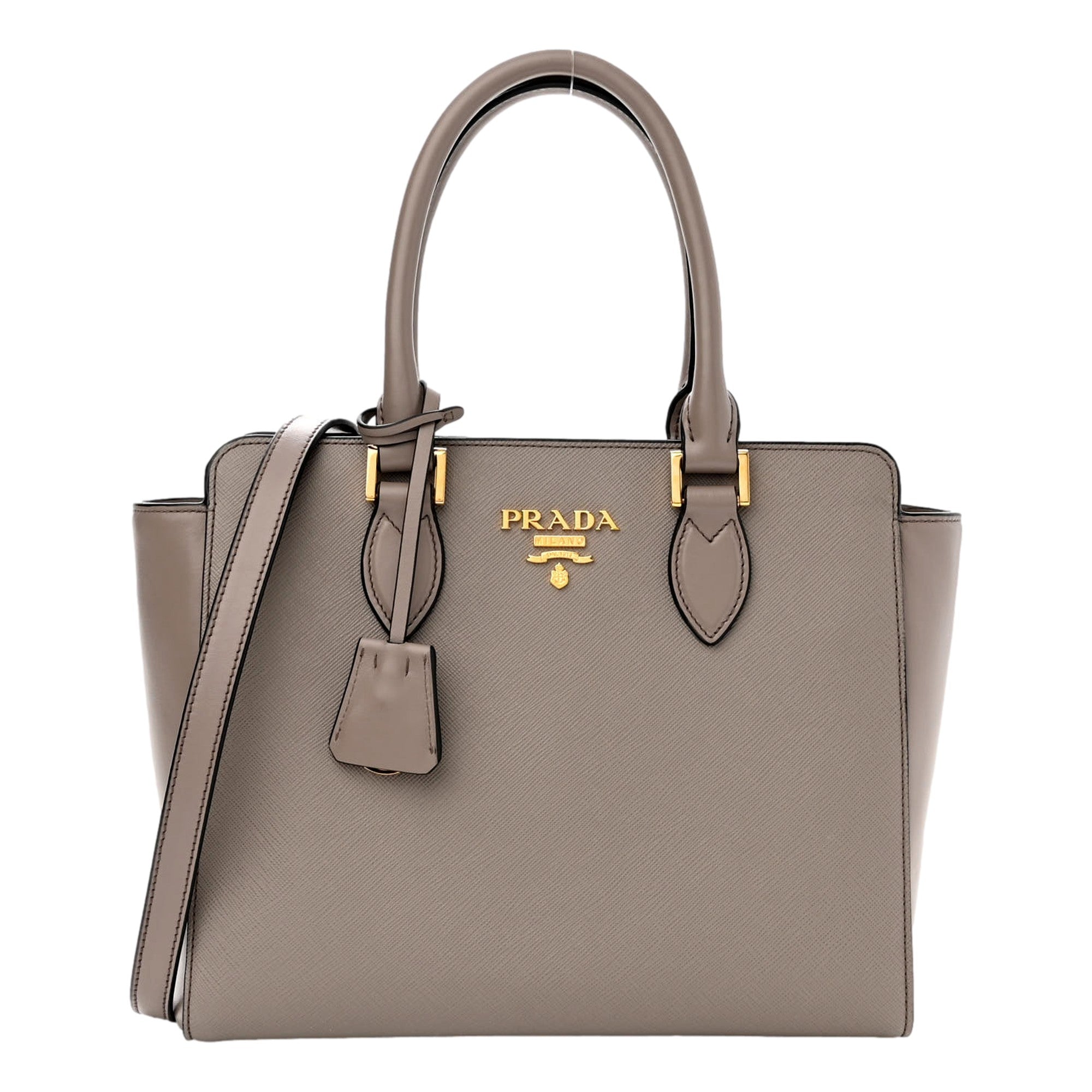 Prada Saffiano and Soft Calfskin Double Zipper Argilla Gray Tote Shoulder Bag available at Queen Bee of Beverly Hills