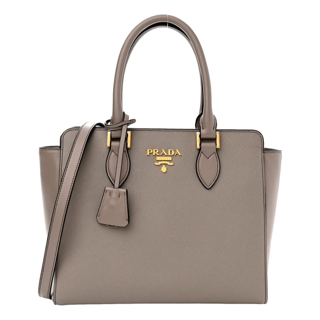 Prada Saffiano and Soft Calfskin Double Zipper Argilla Gray Tote Shoulder Bag available at Queen Bee of Beverly Hills
