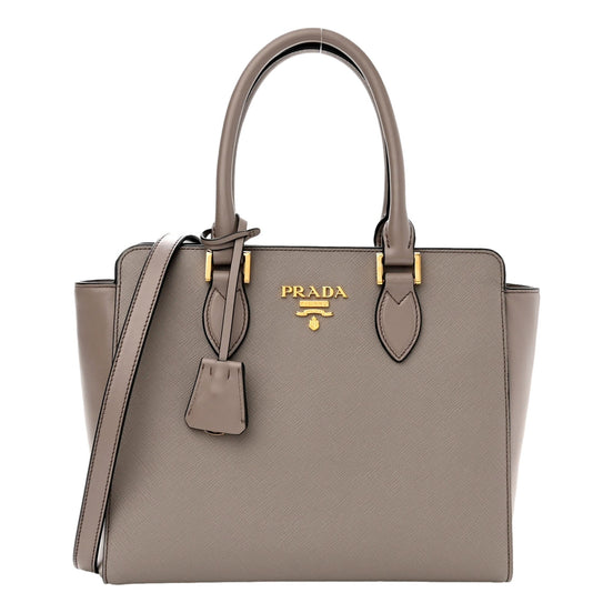 Prada Saffiano and Soft Calfskin Double Zipper Argilla Gray Tote Shoulder Bag available at Queen Bee of Beverly Hills