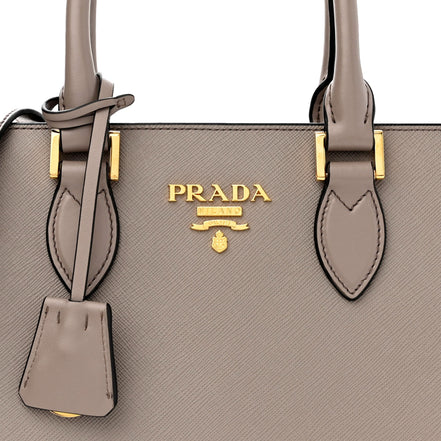 Prada Saffiano and Soft Calfskin Double Zipper Argilla Gray Tote Shoulder Bag available at Queen Bee of Beverly Hills