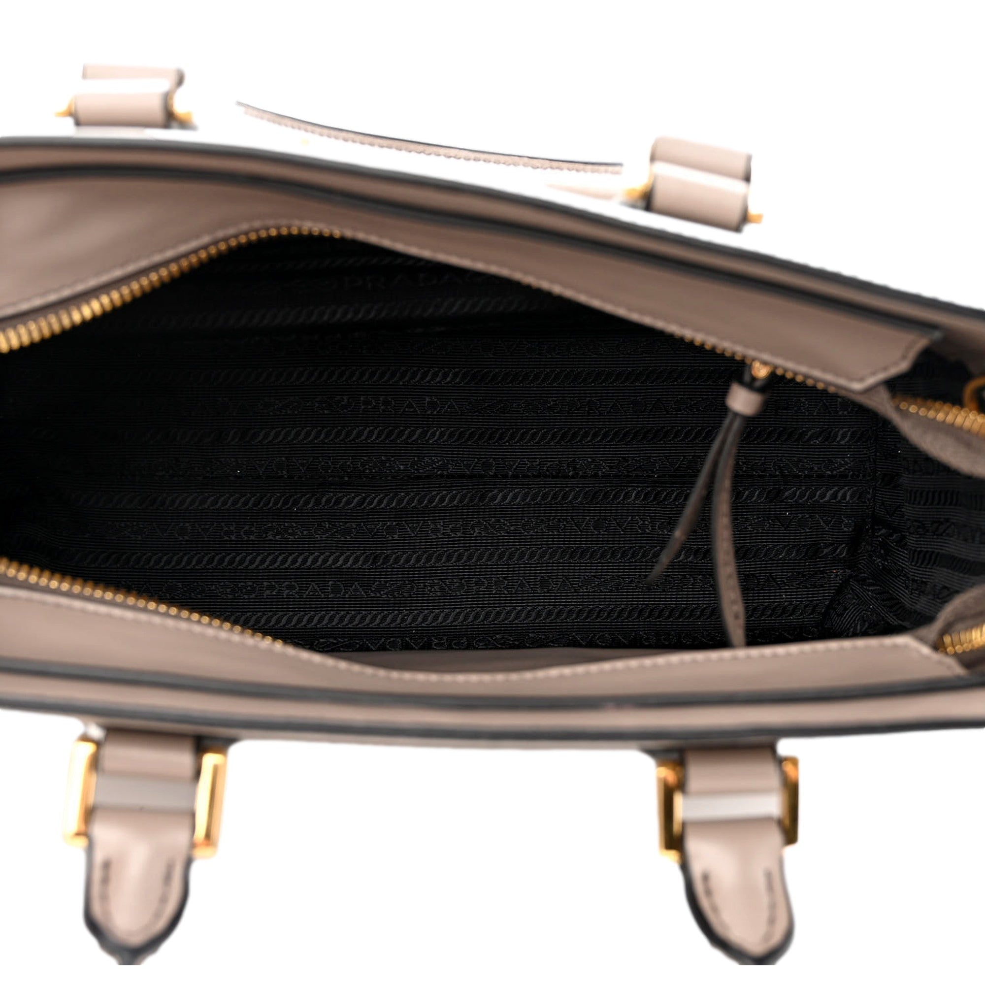 Prada Saffiano and Soft Calfskin Double Zipper Argilla Gray Tote Shoulder Bag available at Queen Bee of Beverly Hills