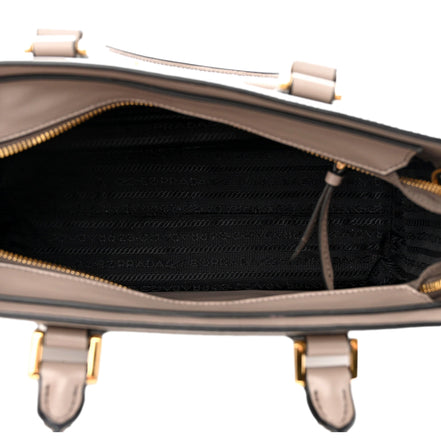 Prada Saffiano and Soft Calfskin Double Zipper Argilla Gray Tote Shoulder Bag available at Queen Bee of Beverly Hills