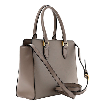 Prada Saffiano and Soft Calfskin Double Zipper Argilla Gray Tote Shoulder Bag available at Queen Bee of Beverly Hills