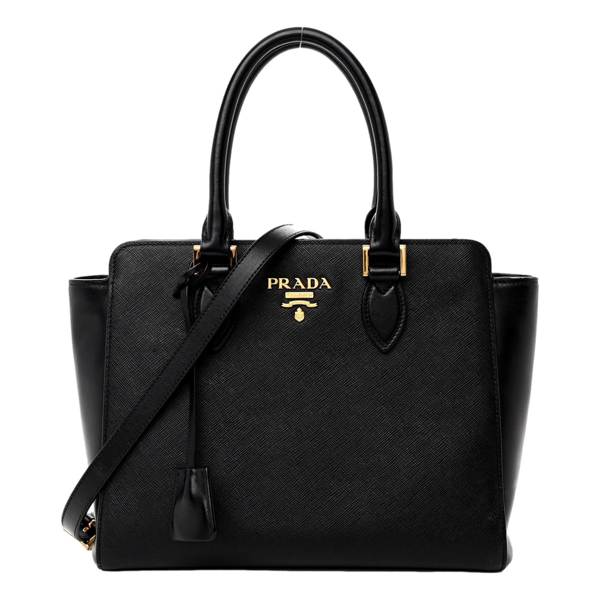 Prada Saffiano and Soft Calfskin Double Zipper Black Tote Shoulder Bag available at Queen Bee of Beverly Hills