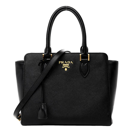Prada Saffiano and Soft Calfskin Double Zipper Black Tote Shoulder Bag available at Queen Bee of Beverly Hills