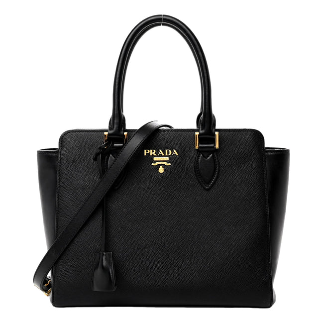 Prada Saffiano and Soft Calfskin Double Zipper Black Tote Shoulder Bag available at Queen Bee of Beverly Hills