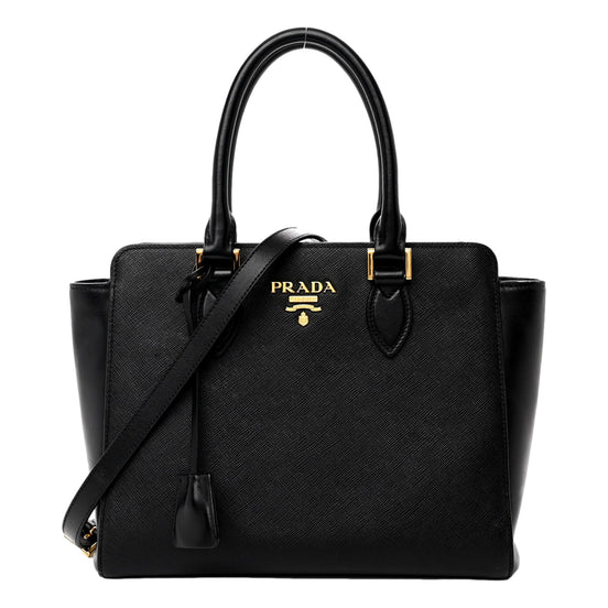 Prada Saffiano and Soft Calfskin Double Zipper Black Tote Shoulder Bag available at Queen Bee of Beverly Hills