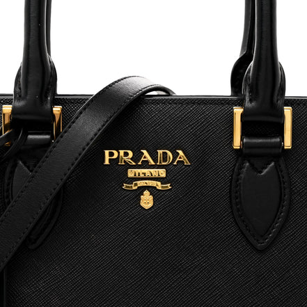 Prada Saffiano and Soft Calfskin Double Zipper Black Tote Shoulder Bag available at Queen Bee of Beverly Hills