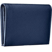 Prada Saffiano Baltico Blue Leather Gold Logo Bifold Snap Wallet available at Queen Bee of Beverly Hills