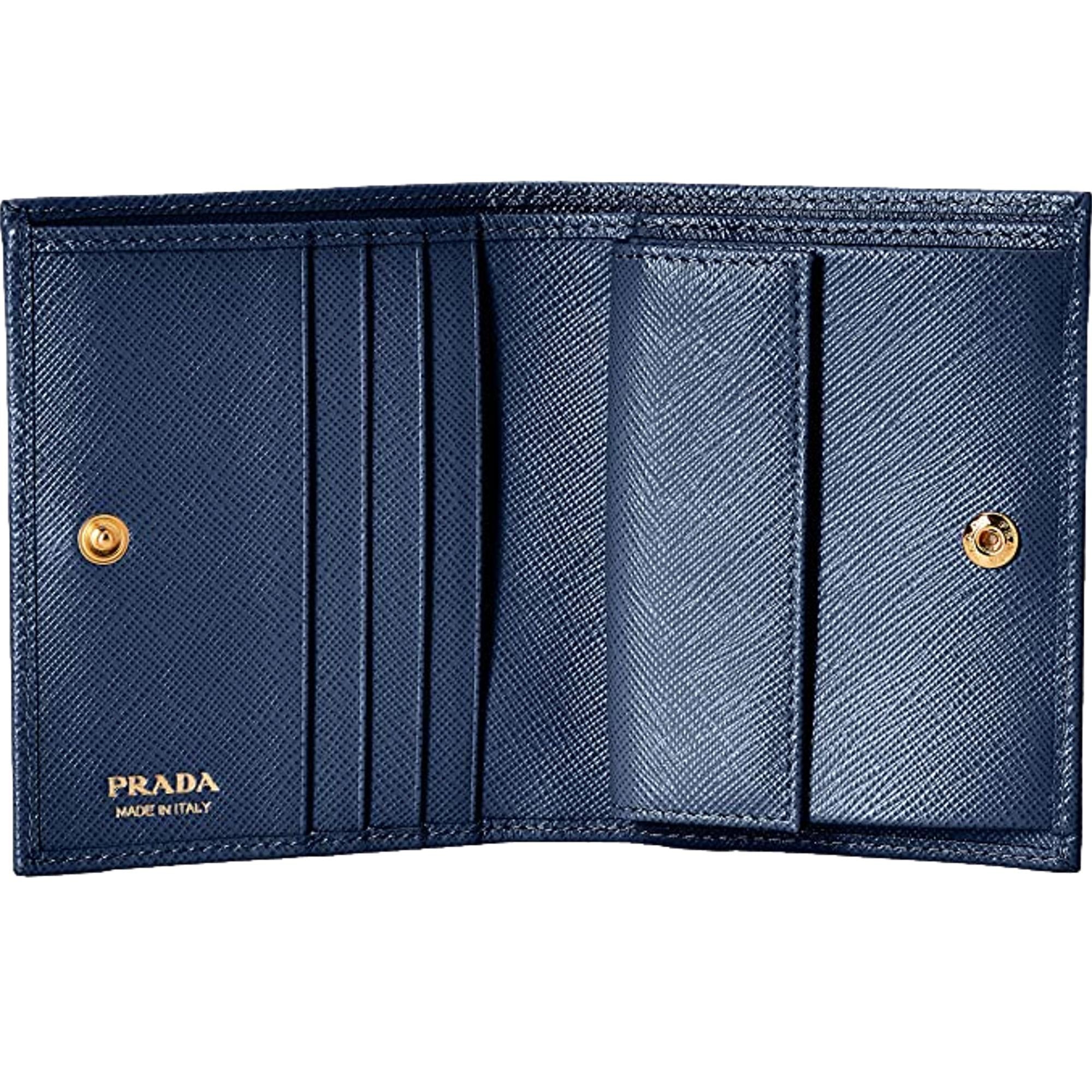 Prada Saffiano Baltico Blue Leather Gold Logo Bifold Snap Wallet available at Queen Bee of Beverly Hills