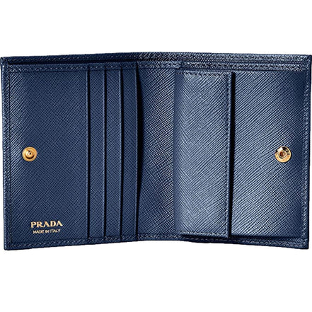 Prada Saffiano Baltico Blue Leather Gold Logo Bifold Snap Wallet available at Queen Bee of Beverly Hills