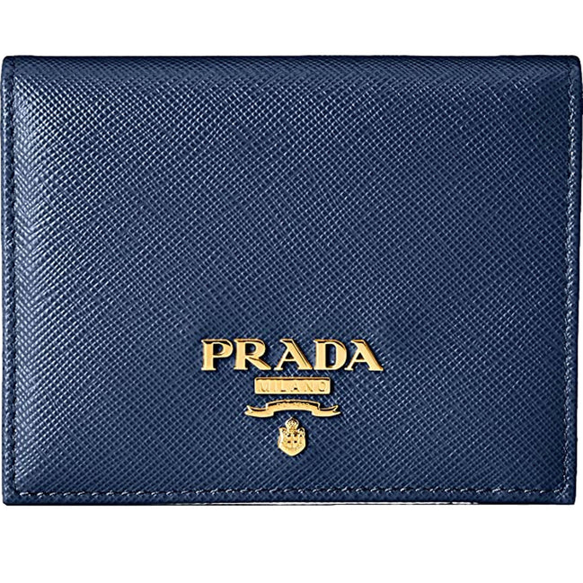 Prada Saffiano Baltico Blue Leather Gold Logo Bifold Snap Wallet available at Queen Bee of Beverly Hills