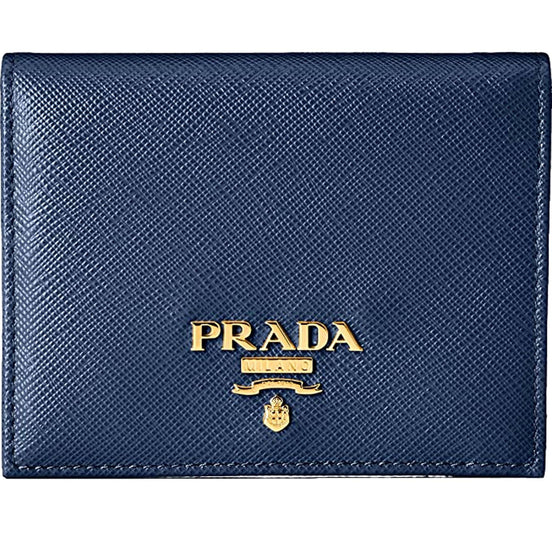 Prada Saffiano Baltico Blue Leather Gold Logo Bifold Snap Wallet available at Queen Bee of Beverly Hills