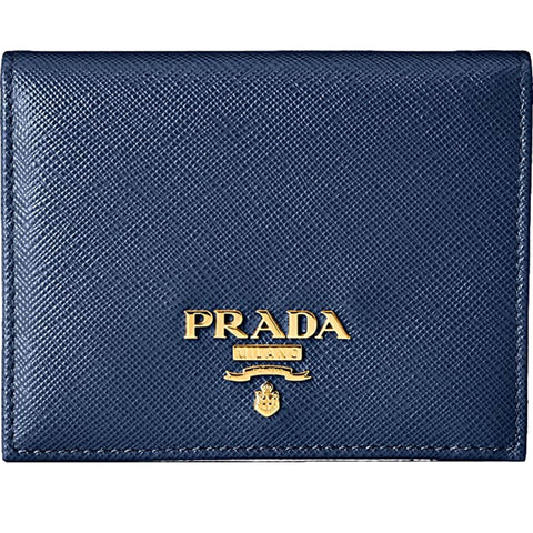 Prada Saffiano Baltico Blue Leather Gold Logo Bifold Snap Wallet available at Queen Bee of Beverly Hills