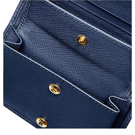 Prada Saffiano Baltico Blue Leather Gold Logo Bifold Snap Wallet available at Queen Bee of Beverly Hills