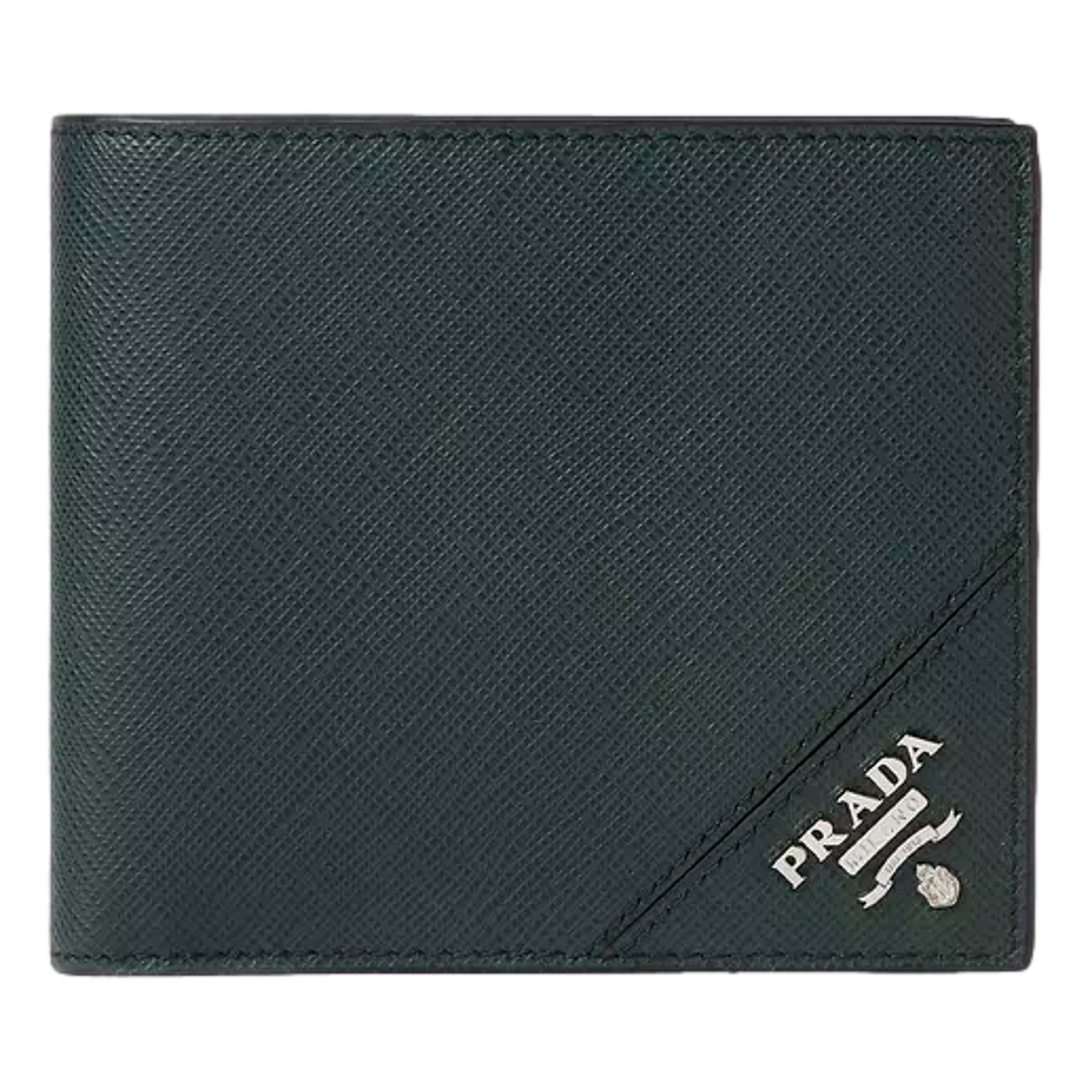 Prada Saffiano Leather Dark Green Bifold Wallet Metal Logo sold at Queen Bee of Beverly Hills