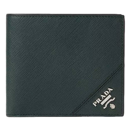 Prada Saffiano Leather Dark Green Bifold Wallet Metal Logo sold at Queen Bee of Beverly Hills