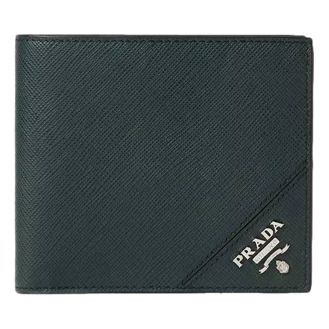 Prada Saffiano Leather Dark Green Bifold Wallet Metal Logo sold at Queen Bee of Beverly Hills