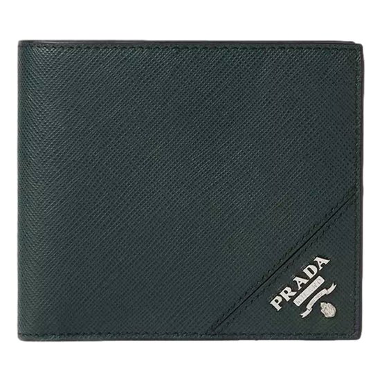 Prada Saffiano Leather Dark Green Bifold Wallet Metal Logo sold at Queen Bee of Beverly Hills