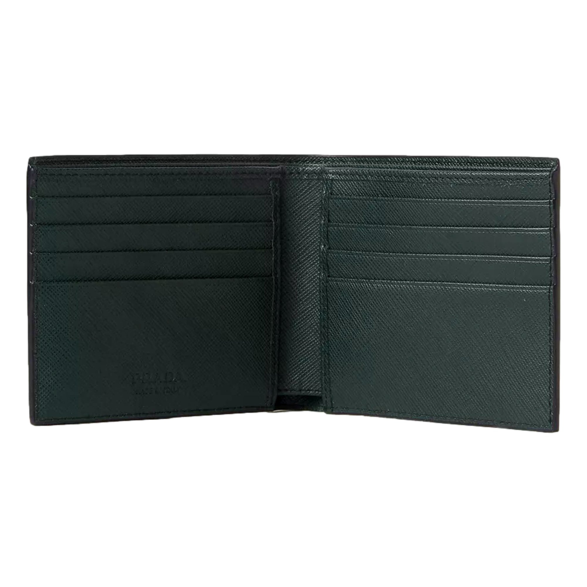 Prada Saffiano Leather Dark Green Bifold Wallet Metal Logo sold at Queen Bee of Beverly Hills