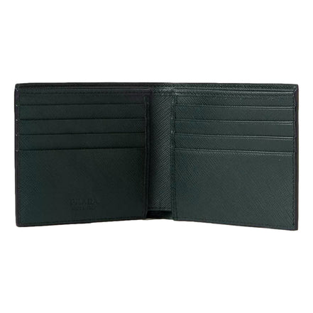 Prada Saffiano Leather Dark Green Bifold Wallet Metal Logo sold at Queen Bee of Beverly Hills