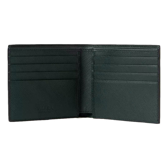Prada Saffiano Leather Dark Green Bifold Wallet Metal Logo sold at Queen Bee of Beverly Hills