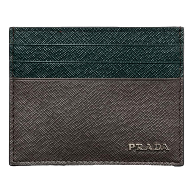Prada Saffiano Dark Green Gray Leather Small Card Holder Wallet