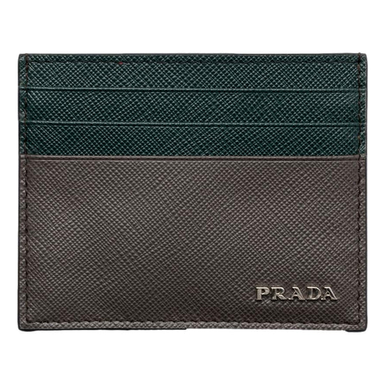 Prada Saffiano Dark Green Gray Leather Small Card Holder Wallet - available at Queen Bee of Beverly Hills. 