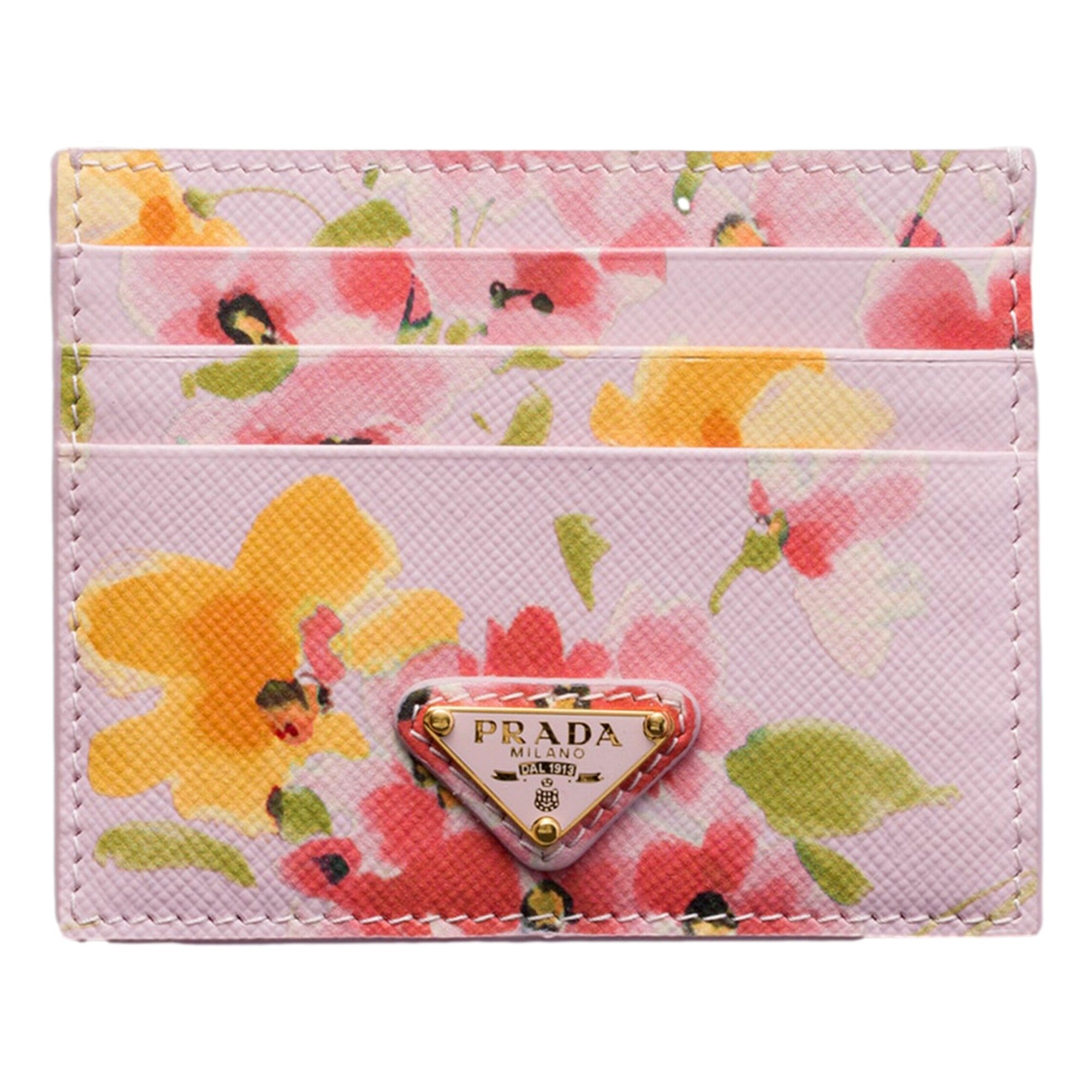 Prada Floral Print Saffiano Leather Card Holder in Light Pink