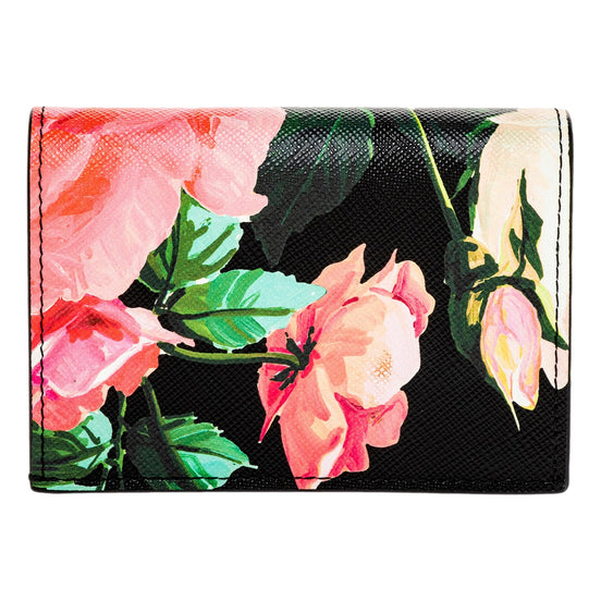 Prada Saffiano Black Floral Printed Snap Bifold Coin Zipper Wallet